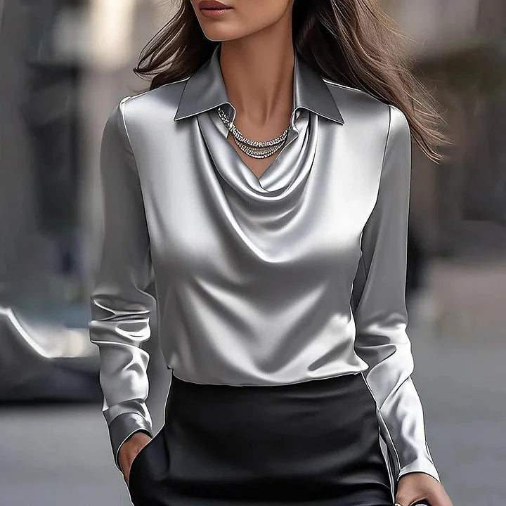 Satin Cowl Neck Blouse with Long Sleeves for Women